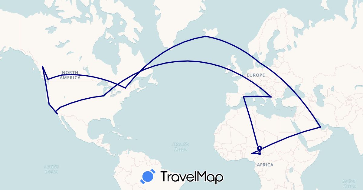 TravelMap itinerary: driving in Albania, Canada, Denmark, Spain, Iceland, Nigeria, Qatar, United States (Africa, Asia, Europe, North America)